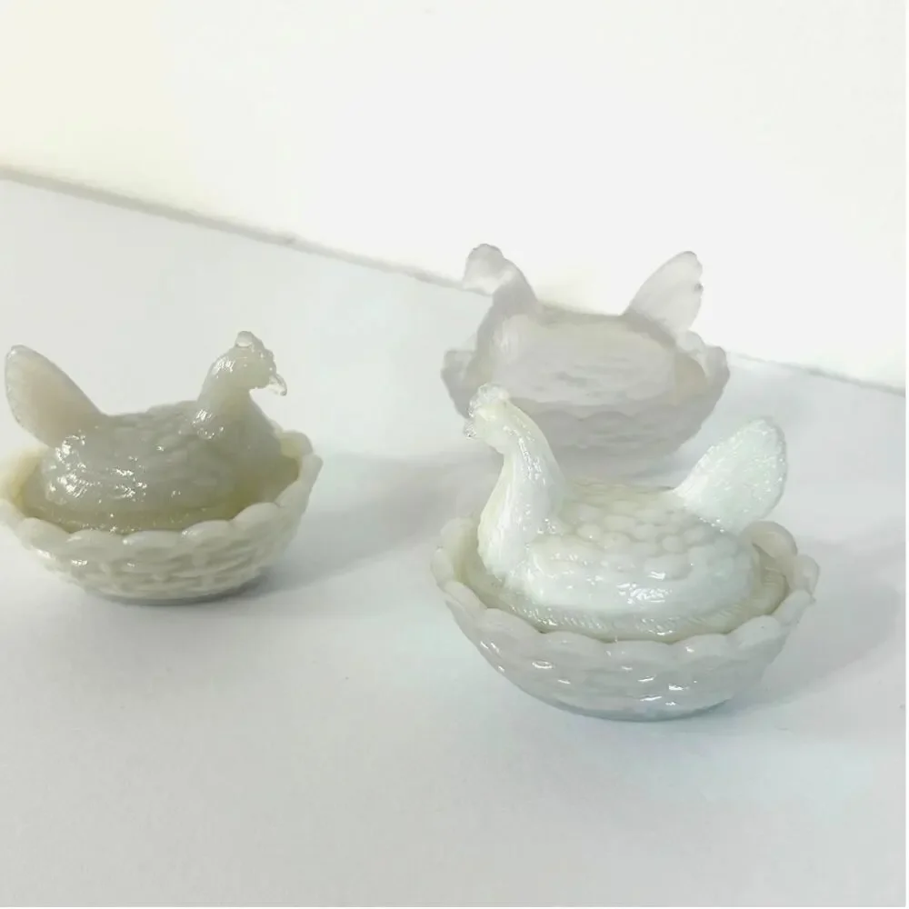 Vallerysthal Mini Hen on Nest Lot 3 Covered Salt Cellars Opaline Milk Glass